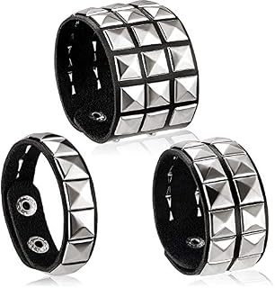 Hicarer 3 Pieces Leather Studded Punk Bracelet for Men Women 80s Studded Wristband Goth Punk Rock Bracelet Spike Rivet Cuff Bangle Unisex Metal for Halloween Party Favors Accessories