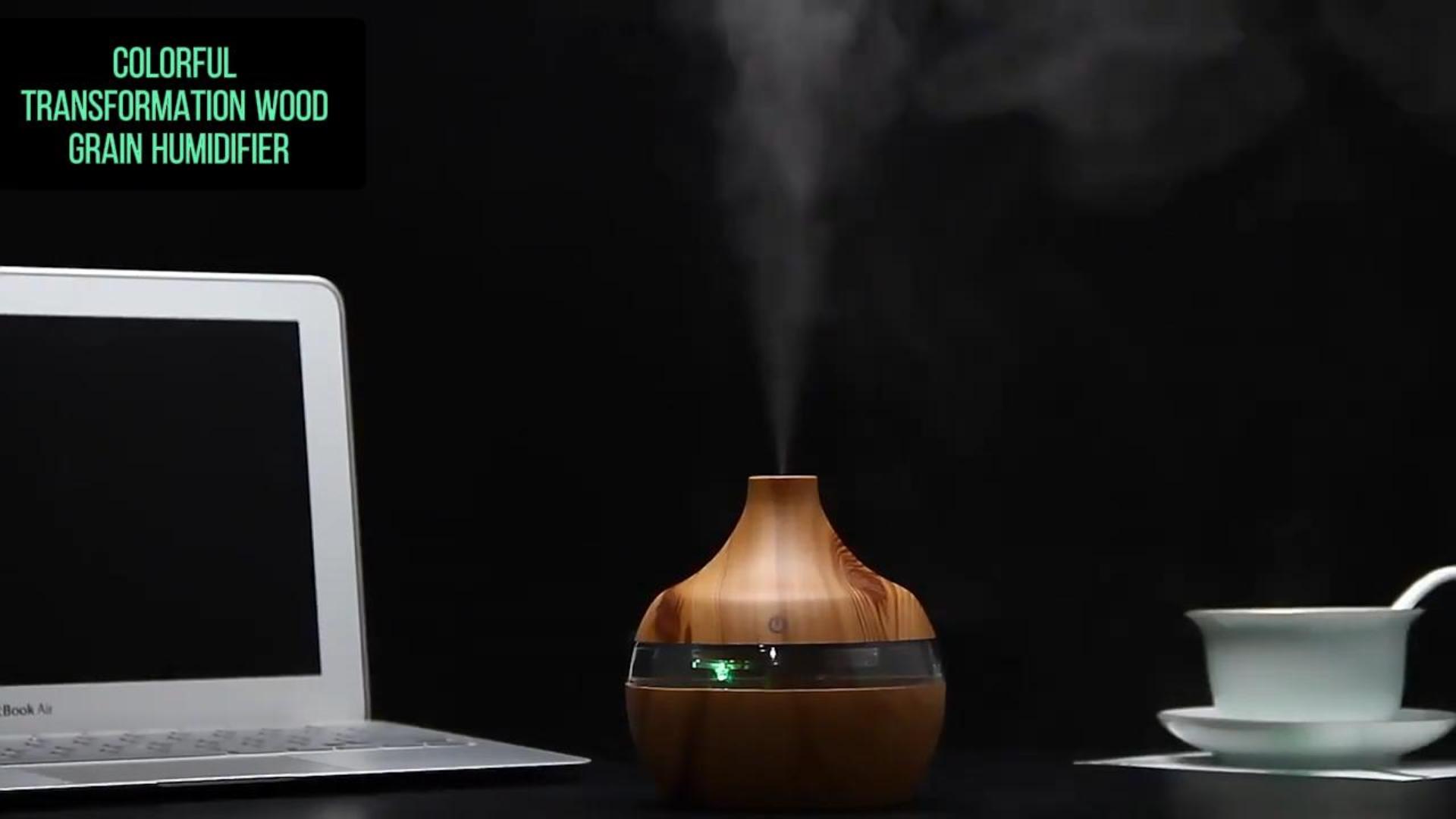 Difusor aromático eléctrico 300 mL madera tacto LED USB miniatura 7