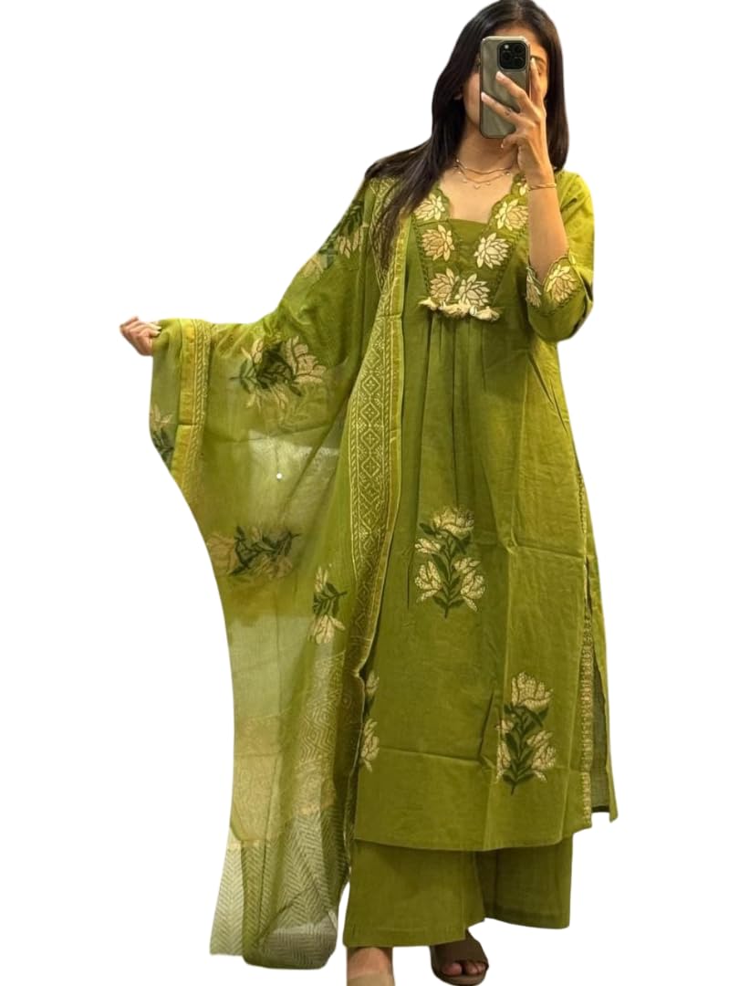 Cotton 60×60 Embroidered Suit Set for Women | 3-Piece Top, Pant & Printed Dupatta | Kodi Latkan Lace & Embroidery Work | Green & Brown Colors | M to XXL Sizes-picture-26