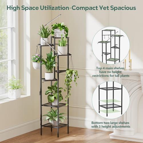 Image of Quikraen 8-Tier Black Plant Stand with Grow Lights, 58.5 inch Tall Ultra-Narrow Corner Plant Shelf with 2-Head LED Grow Light & Hanging Hooks, Space-Saving Metal Flower Pot Holder Rack for Indoor Plants, Patio, Balcony
