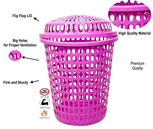 Image of Plastic Laundry Basket With Lid Big Size For Clothes 50 Litre Hamper Bag Dress Storage Toys Organiser Cover Combo With Cap Heavy Duty Round Shape (2 Pcs, Pink)