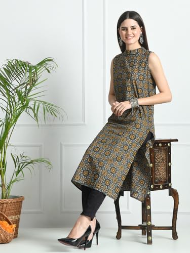 Image of feranoid Unique Printed Choker Neck Back Button Sleeveless Long Kurti