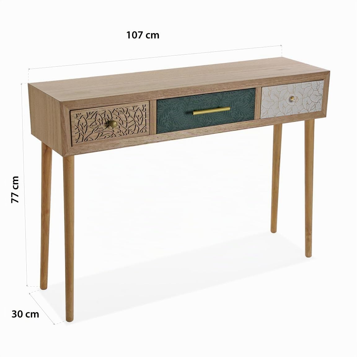 VERSA Bridge Consolle Ingresso, Tavolo Consolle, Tavolino Ingresso, Tavolo Salotto, con 3 cassetti, Misure (A x L x l) 77 x 30 x 107 cm, Legno, Colore Bianco, Verde e Marrone