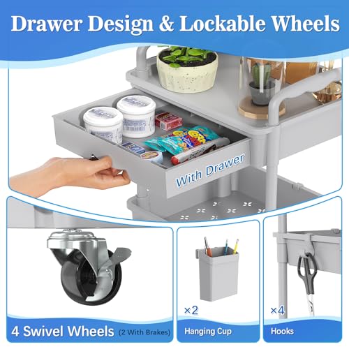 Image of SUNALLY 4 Tier Rolling Utility Cart with Drawer, Storage Organizer Cart with 2 Lockable Wheels, Multifunctional Rolling Storage Cart for Bathroom, Kitchen, Craft, Makeup, Baby Essentials, Gray