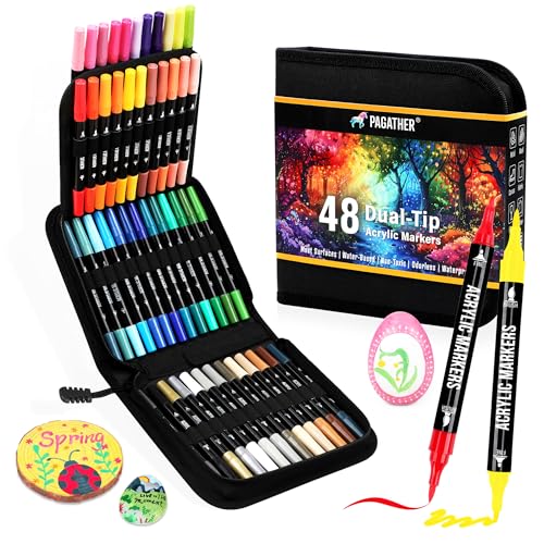 Pagather 48 Colors Acrylic Paint Markers, Dual Tip with Fine Tip and Brush Tip Pens for Stone, Wood, Calligraphy, Canvas, Ceramic, Metal, Glass, Rock Painting, DIY Crafts Art Supplies Kit