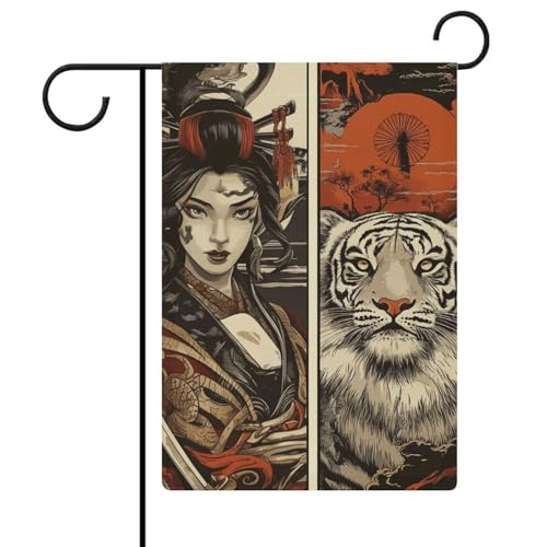 KRECDKQ Spring Summer Garden Flag 12 X 18 Inches Double Sided Japanese Samurai Maiko Tiger Yard Flag Garden Outdoor Decor Holiday Welcome Decor Double Sided Burlap Flag