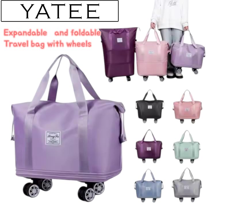 Image of Yatee Foldable Trolley Travel Bag with Wheels for Women & Men, Expandable Rolling Duffel Bag, Large Capacity Lightweight Luggage, Waterproof Carry Tote with Detachable Wheels for Travel