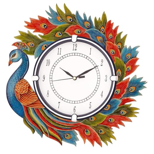 Image of Wooden Peacock Design Wall Clock Round Quartz Analog Antique Decorative Clock for Home Decoration