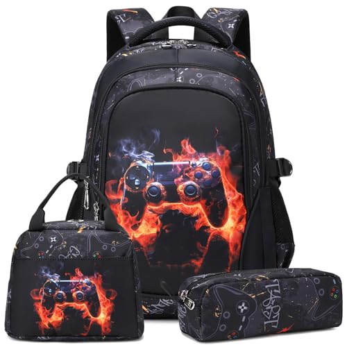 Boys Backpack for Elementary Game School Backpacks Waterproof Kids Bookbag with Lunch Box Luminous Game Print(Red Flame Game)