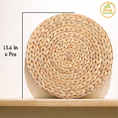Round Placemats Set of 6, Boho Table Mats Set of 6, Woven Placemats for Round Table, Chargers for Dinner Plates, Wicker Place Mats, Water Hyacinth Plate Mat, Individuales para Mesa De Comedor, 13.4in