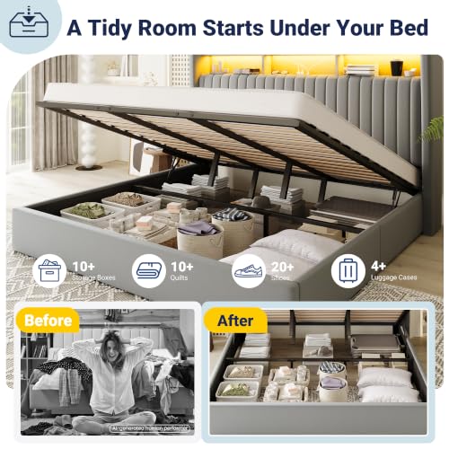 Image of Allewie King Size Lift Up Storage LED Bed Frame, Charging Station, Grey