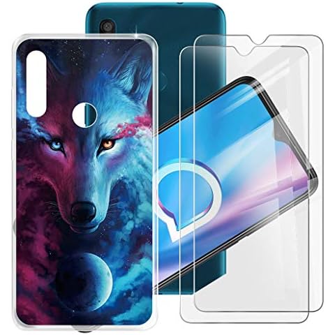 HHUAN WMA22 Case + 2 Pieces Tempered Glass Screen Protector for Alcatel 1SE 2020 (6.22 Inches) HD Screen Protector and Transparent Soft Silicone TPU Bumper Protective Case Cover Cover