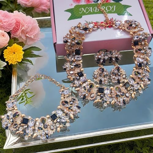 Indian Gold Halloween Jewelry Sets for Women - Rhinestone Crystal Bridal Jewelry Kit with Earrings, Necklace & Bracelet, Costume Jewelry Set Gifts for Christmas Formal3