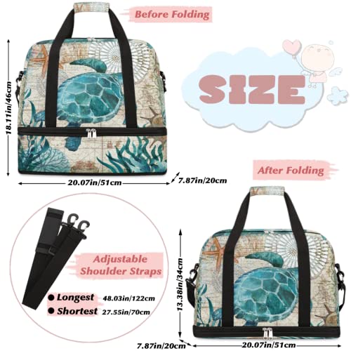 Vintage Sea Ocean Animal Turtle Foldable Travel Duffel Bag Tote Carry on Luggage Sport Duffle for Women Men Gym Bag Overnight Weekender Bags with Shoe Compartments and Shoulder Strap2