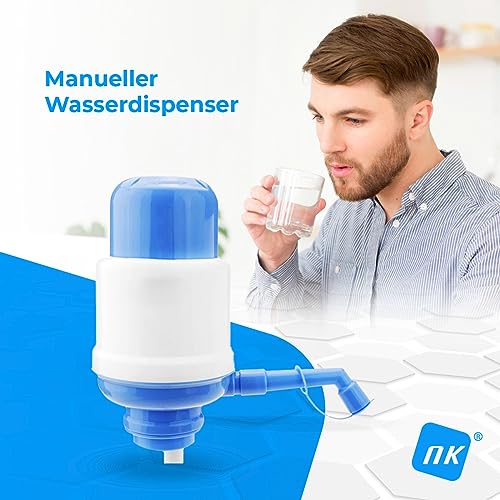 NK Universal Wasserspender - Manueller Dosierer für Flaschen, Fässer - Kompatibel mit Flaschen von 2,4,6,8,10 und 12L, mit Adapter von 3,8 und 4,8 cm - Weiß und Blau