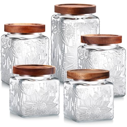 Image of Suclain 5 Pcs Sunflower Vintage Glass Jars Airtight Lid 17 /24 /34 oz,Square