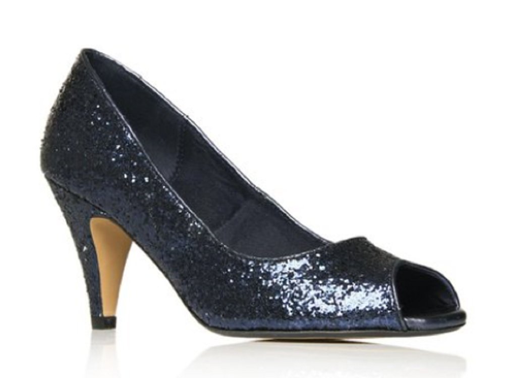 MISS KURT GEIGER "TALLAULAH Blue Glitter Peep Toe Court Shoes