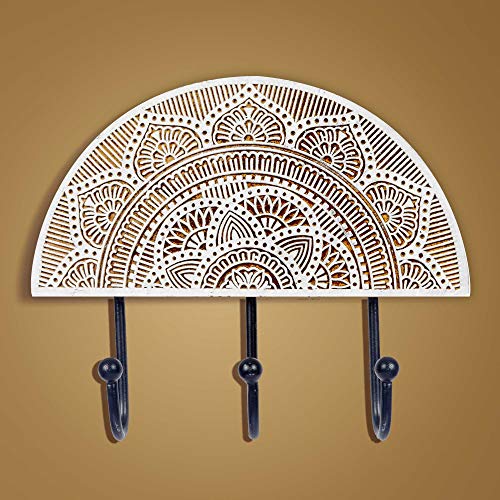 Mandala Life ART Dekorativer Wand-Schlüsselhalter im Boho-Chic-Stil, 3 große Haken, natürliches rohes Mangoholz, handgebogener Holzstempel mit Metallhaken, Schmuckaufhänger Cover
