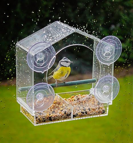 Fenster Futterhäuschen für Vögel - 20 x 18 cm - Transparentes Vogelhäuschen mit Saugnäpfen und Sitzstange - Vogel Futterstation Futterhaus Futterstelle Futterspender zum Befestigen an Glasscheiben