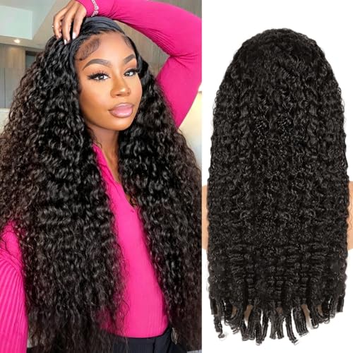 biuteew 28 Inch 13x6 HD Transparent Lace Front Wigs Human Hair Burmese Curly Wig Human Hair 200% Density Wigs With Spiral Ends Pre Plucked Hairline Deep Curly Wigs for Women Natural Black