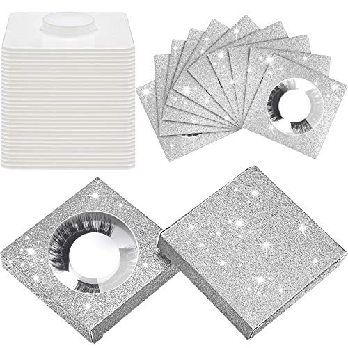 100 Pieces Empty Eyelash Case, 50 Eyelash Packaging Box Lash Box Packaging Glitter False Eyelashes Box Soft Paper Eyelash Box, 50 Eyelash Boxes Tray False Eyelashes Storage Box Tray (Silver)