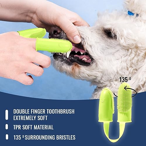 Image of Dog Finger Toothbrush, Dog Shampoo Brush, Dog Accessories: 3 in 1 Dog Bath Brush and 2 Finger Tooth Brush Kit, Essential Puppy Products for Teeth Cleaning, Bathing, and Grooming (Yellow).