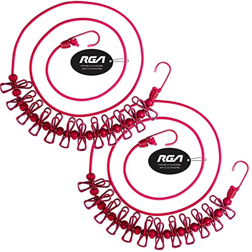 Portable Clothesline with 12 Clothespins, Windproof Travel Clothesline Stretchy Elastic Portable Clothes Lines Indoor (Red 2 Pack)