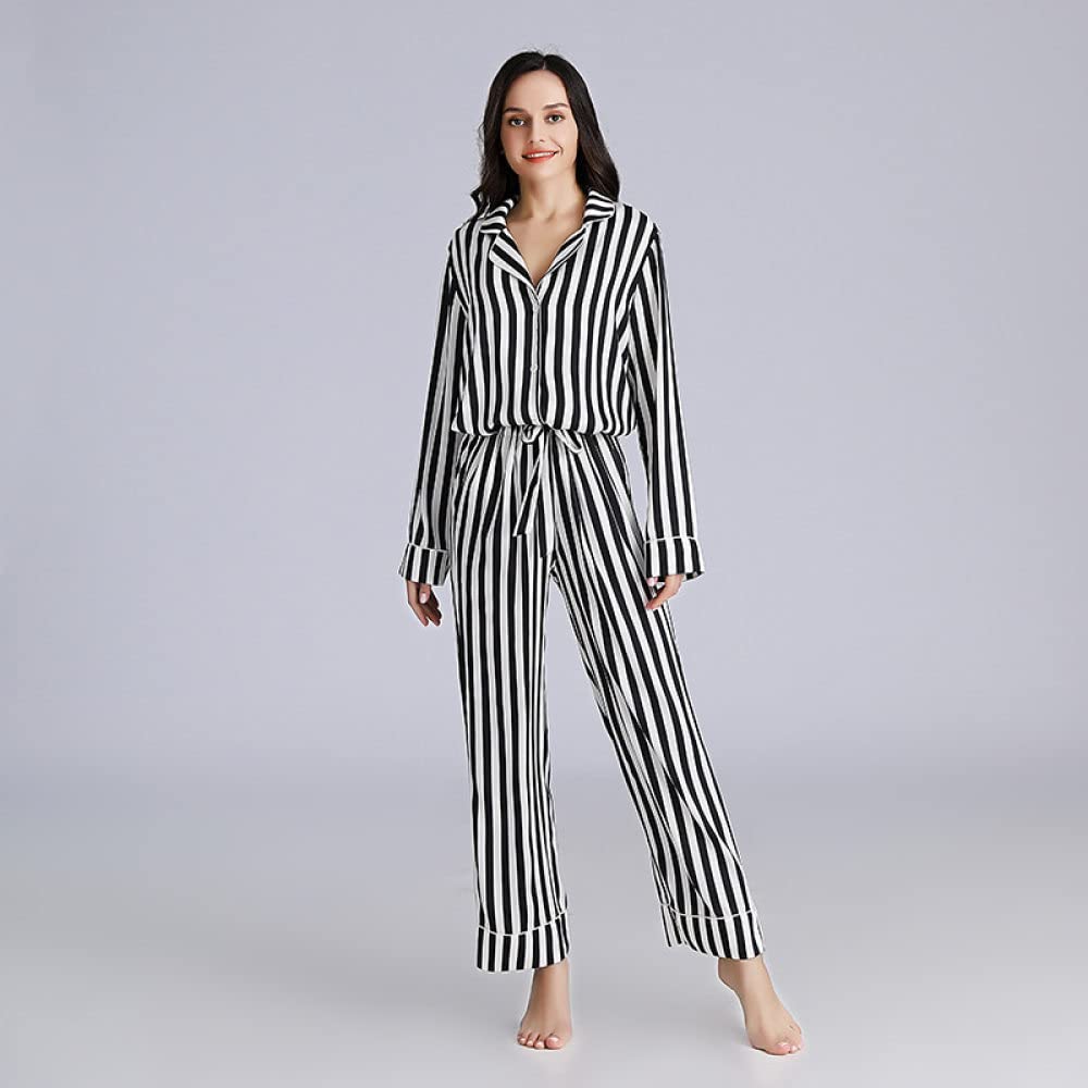 Pigiama da Donna in Seta Set Pigiama A Righe Bianche Nere Pigiama da Notte A Maniche Lunghe Abbottonato Pigiama da Donna in Raso di Seta Pigiama da Notte