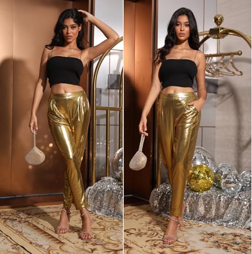 heipeiwa Women's Shiny Metallic Cropped Pants Party Club Disco Wear Sequin Casual Dress Pants3