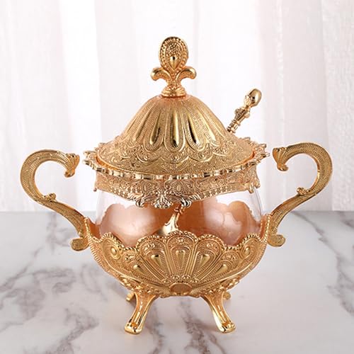 BURLOE Oro,Glass, Azucarero con Tapa Y Cuchara, Tarro De Especias Hecho Metal En Relieve Vidrio Soporte para Dulces Cuenco Decorativo Cerámica Plateada Lirio Decoración Plato