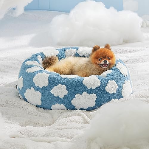 Lesure-Donut-Small-Dog-Bed-Round-Cat-Beds-for-Indoor-Cats-Calming-Pet-Beds-Cute-Modern-Beds-with-Jacquard-Shaggy-Plush-Anti-Slip-Bottom-23-Inch-Blue