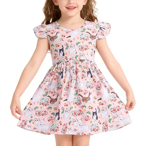 Toddler Girls Dress Cat Kitty Print Dresses Flutter Sleeve Outfits 6-7Y