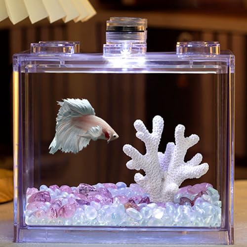 アクリルメダカ水槽 金魚鉢 ミニアクアリウム LEDライト付き 積み重ね可能なデザイン ブロック型 透明アクリル 98%透光率 デスク用 小型 水族館 観葉植物容器 魚の観賞用 水槽 12×8×10.5cm / 16×10.5×14cm (12×8×10.