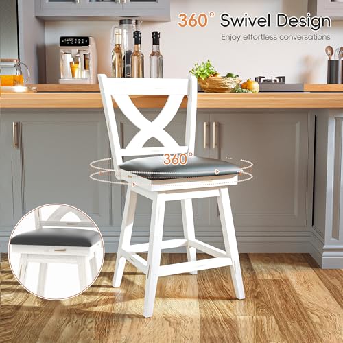 Image of Swivel Barstools Set of 6, 24 Inch Counter Height Kitchen Island Chairs with Back, Upholstered Seat Bar Stool with Solid Wood Legs & Footrest, Counter Stools for Pub, Bar, Restaurant (Antique White)