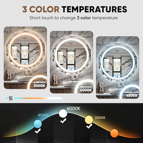 24 Inch Round LED Bathroom Mirror with Lights, Frameless Vanity LED Mirror for Bathroom with Beveled Edge, Backlit Anti-Fog, Dimmable, 3 Colors, Memory Function, Tempered Glass, Shatter-Proof - Image 5