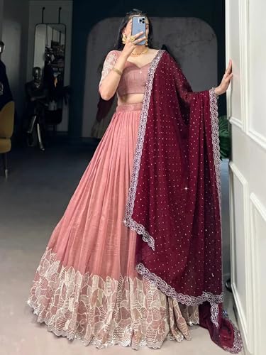 Image of Suppar Sleave Women's Embroidered Vichitra Silk Lehenga Choli Dupatta Set Semi-Stitched Blouse and Fit & Flare Style
