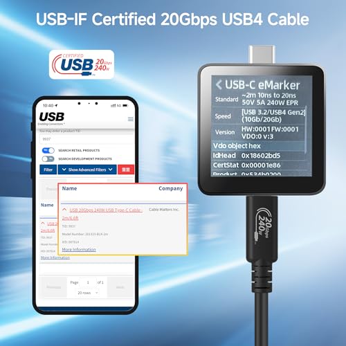 Image of Cable Matters [USB-IF Certified] 20Gbps USB4 Cable, 6.6ft | [8K@30Hz / 4K@120Hz Video, 240W Charging, 20Gbps Data Transfer] USB 4 Cable Compatible with Thunderbolt 4, MacBook, XPS