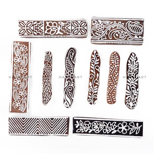 Image of Hashcart | Set of 10 | Wooden Printing Blocks Border Shape Baren for Saree Border Print | Scrapbooking | Fabric Textile | Art Craft | Handcarved Stamps for Project Making