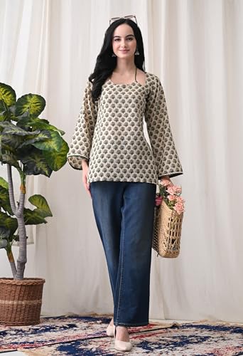 Image of MEERA FAB Women Cotton Printed A-Line Tunic Top with Square Neck | Floral Printed Halter Strap Detail & Bell Sleeves | Short Kurti for Women