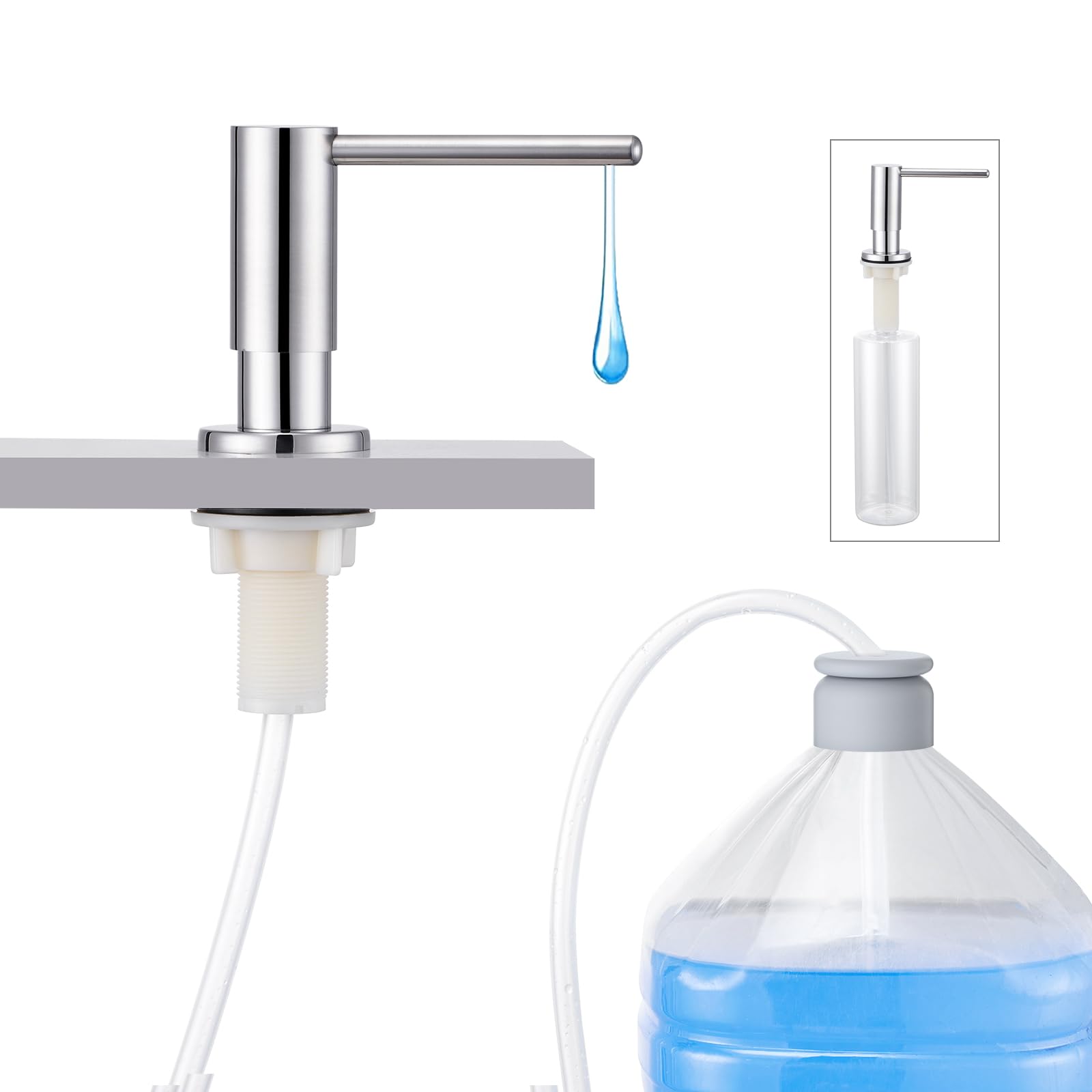Dispensador de jabón empotrable para fregaderos de Cocina en encimera con Botella de 500 ml y Manguera de extensión de 1 m Desde el llenado Superior Acero Inoxidable Cepillado