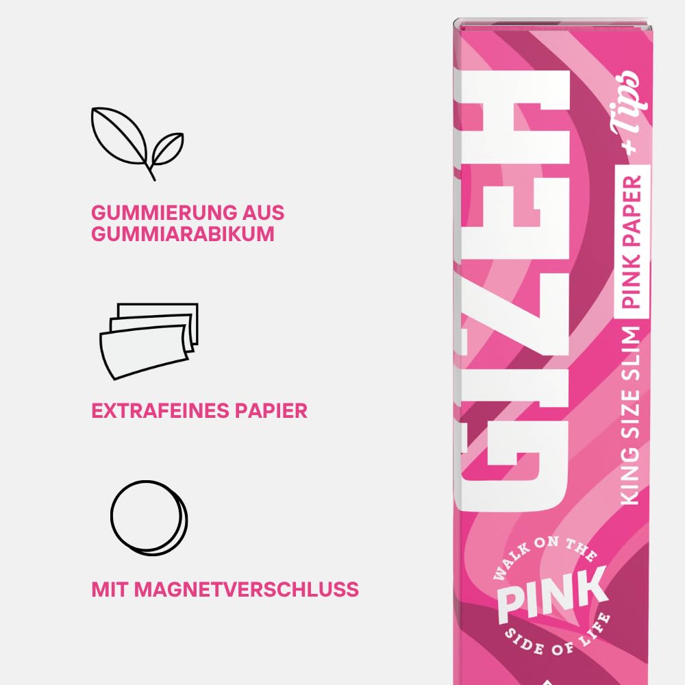 GIZEH ALL PINK King Size Slim + Tips - Blättchen zum Drehen - Pinke Papers und Tips - Packung mit Magnetverschluss - 26er Pack á 34 Premium Rolling Paper (14 g/m²) + 34 Tips