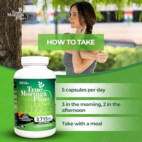 True Moringa Plus+ Joint Support Supplement 10:1 Extract | 20,000mg of Organic Moringa, Turmeric Curcumin, Ginger, Boswellia, BioPerine | Extra Strength Herbal Antioxidant for Adults (150 Capsules)