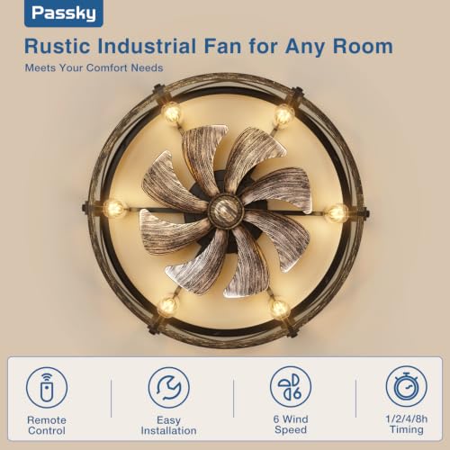 Image of Passky 24 inch Caged Ceiling Fans with Lights and Remote, Low Profile Fandelier | Reversible DC Motor, 1 /2 /4 /8H Timer, 6 Speeds, Farmhouse, Quiet Operation, 6 E26 Sockets, For Bedroom, Kitchen, Dining Room