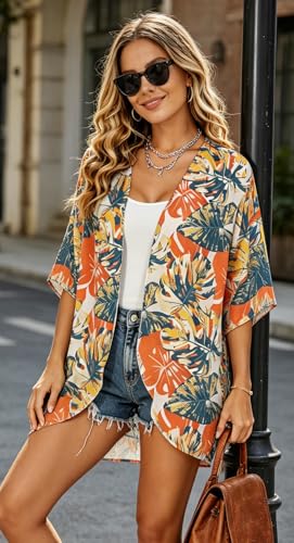 Image of FINOCEANS Womens Floral Chiffon Kimono Cardigans Loose Beach Cover Up Half Sleeve Tops