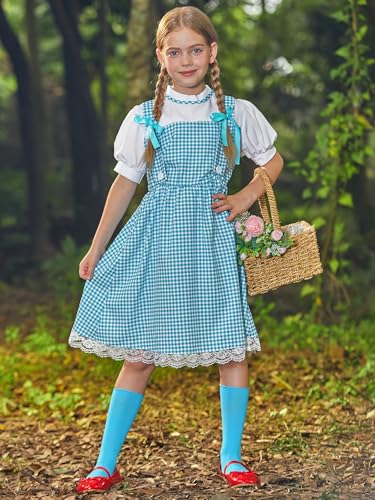 Girls Halloween Costume 4PCS Blue Gingham Puff Sleeves Midi Dress Outfit with Hair Bows Basket 5-14 Years2