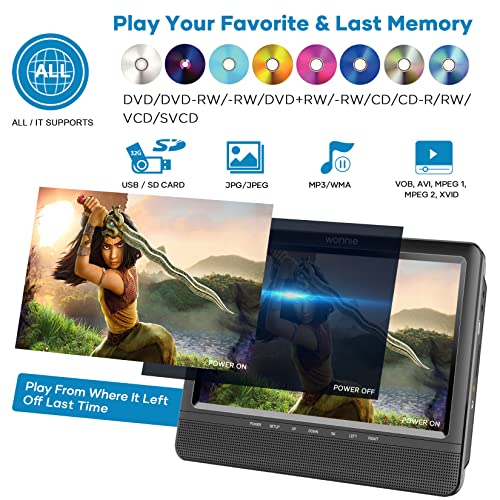 WONNIE-10-Dual-Car-DVD-Player-Portable-Headrest-Video-Players-for-Kids-with-2-Mounting-Brackets-5-Hours-Rechargeable-Battery-Support-USBSD-AV-Outin-Last-Memory1-Player1-Monitor