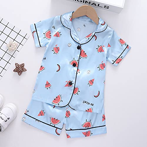 Toddler Baby Short Sleeve Satin 𝐏a𝐣ama Set 𝗦ilk 𝐏ajamas 2 Piece for Girls Boys Cartoon Watermelon Print Sl𝐞epwear2