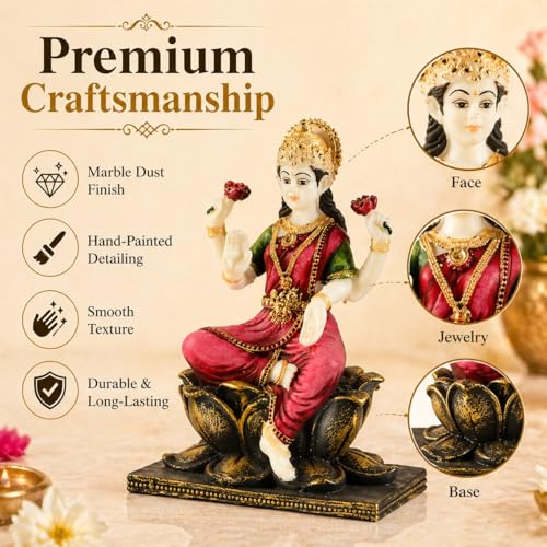 Image of ARMONIA Laxmi MATA Idol with Lotus Throne and Golden Crown | Mahalakshmi Devi Murti for Home, Mandir,Office Desk,Varalakshmi Vratam,Spiritual Decoration,Best Spiritual Gift for Wedding & Housewarming