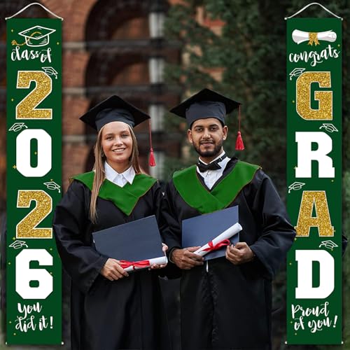 Image of Graduation Decorations 2026 Banner Porch Sign Green Gold for Class of 2026 Graduates Party Supplies