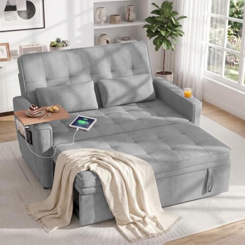 Image of Dreamzie 54'' Convertible Sleeper Sofa Bed with Swivel Side Table, Chenille Pull Out Couch for Living Room, Loveseat Sleeper Couch with Side Pocket | Charging Port | Cup Holder, Light Grey